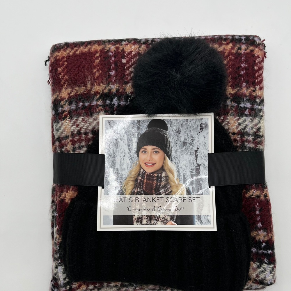 Emanuel Geraldo Hat and Blanket Scarf Set Plaid Burgundy Black Pom Beanie New